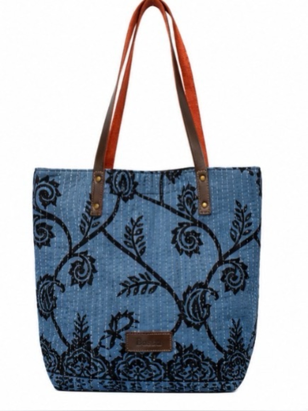 Basha Handmade Reclaimed Sari Cloth Quilted Tote Bag Blue Floral Leather Straps
